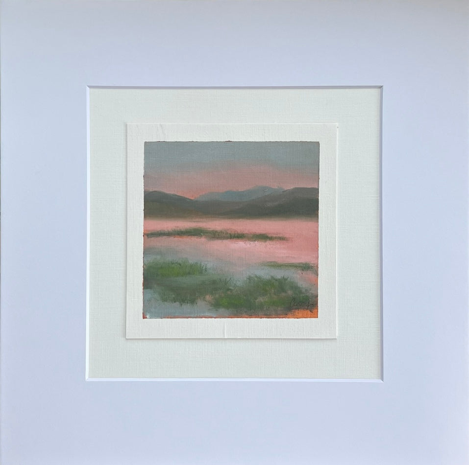 Original oil painting titled "Sunset at the Lake" showing a peaceful mountain lake at sunset with pink and blue gray tones, matted and ready for framing, 12x12 landscape art by artist Casey.