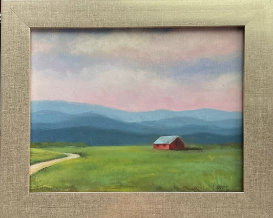 Original oil painting titled "Backroad Home" showing a red barn in a green field with mountain background, framed in gold, 12x10 landscape art by Casey.

